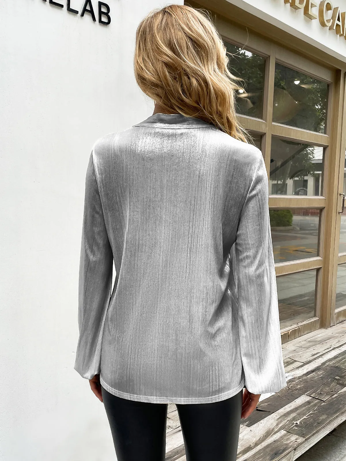 Shiny Metallic-Like Blouse Long Sleeve V-Neck Bow-knot Decorated Tops