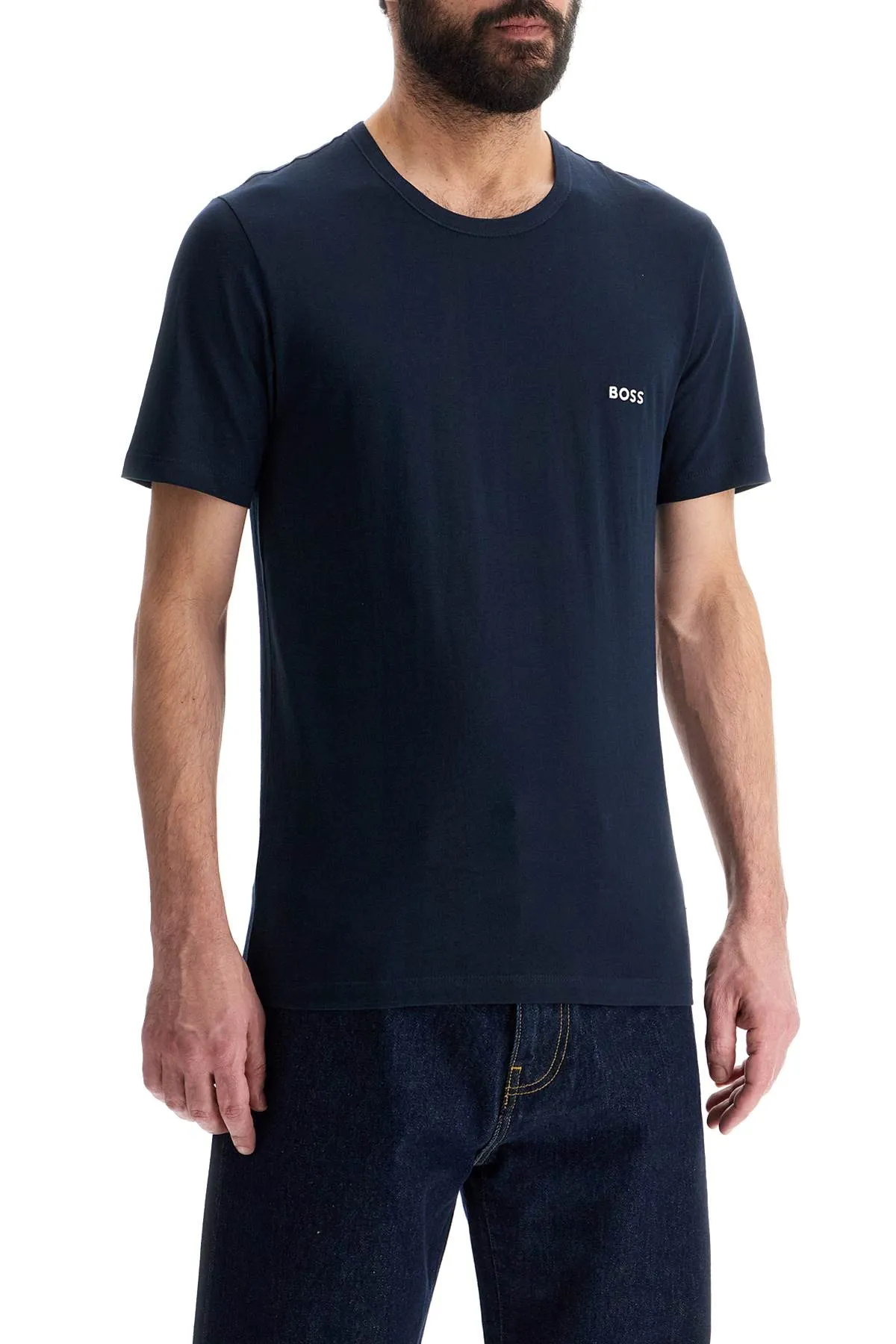 Short Sleeve Regular Fit Dark Blue Cotton T-shirt With Embroidered Logo