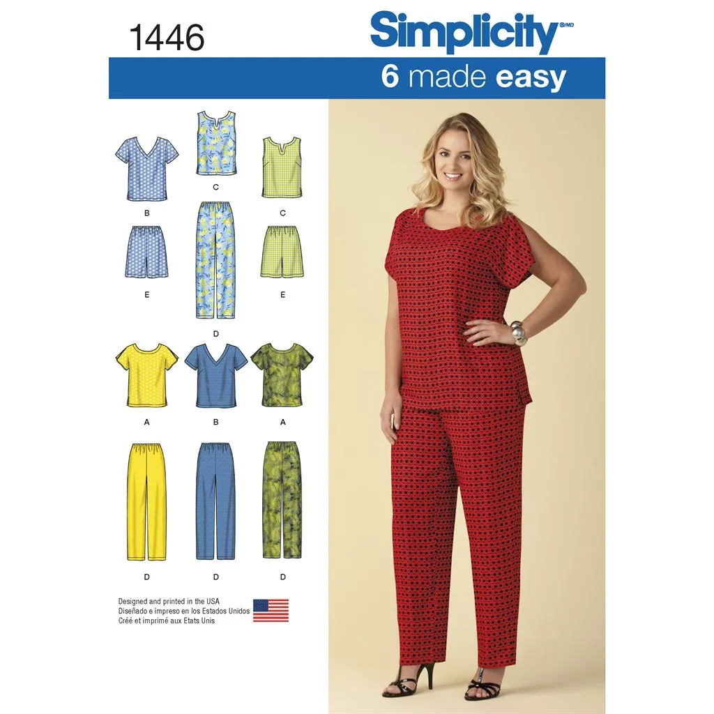 Simplicity Pattern 1446 Six Made Easy Pull on Tops and Trousers or Shorts for Plus Size