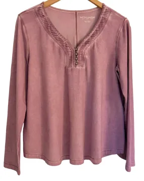 Soft Summer Old Rose Split-Neck Box Pleat Long Sleeve Tee