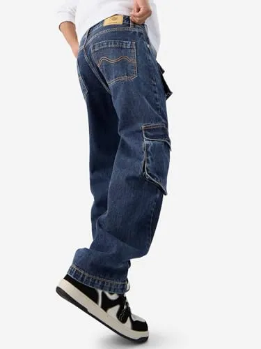 The Souled Store Solids: Brady Blue Men and Boys Straight Fit Cotton Cargo Jeans - Effortless Style and Utility Combined