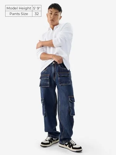 The Souled Store Solids: Brady Blue Men and Boys Straight Fit Cotton Cargo Jeans - Effortless Style and Utility Combined