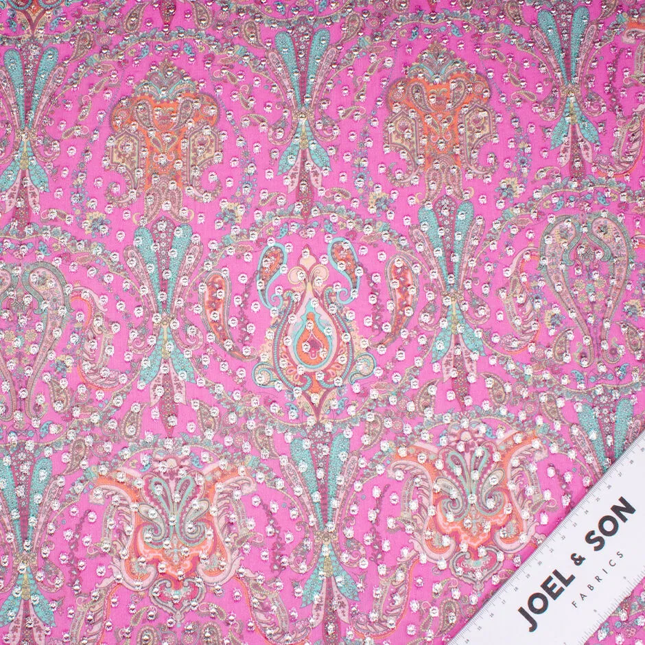 Turquoise Paisley Printed Rich Pink Metallic Silk Georgette