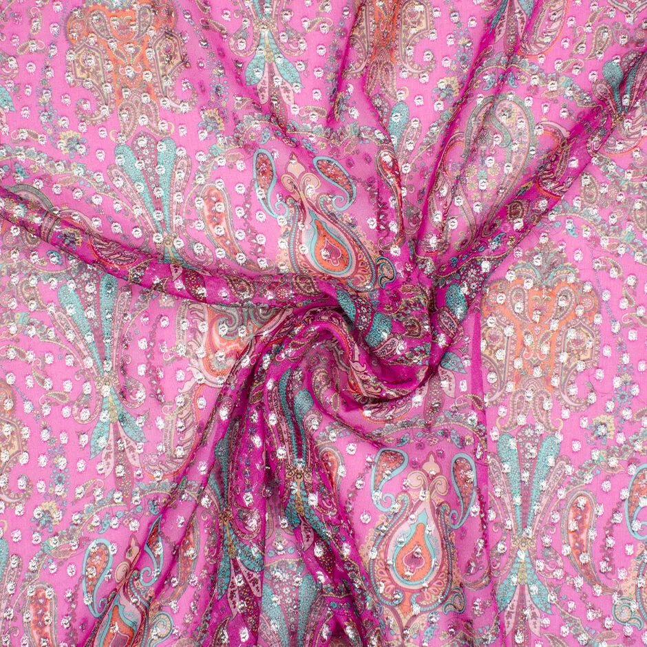 Turquoise Paisley Printed Rich Pink Metallic Silk Georgette