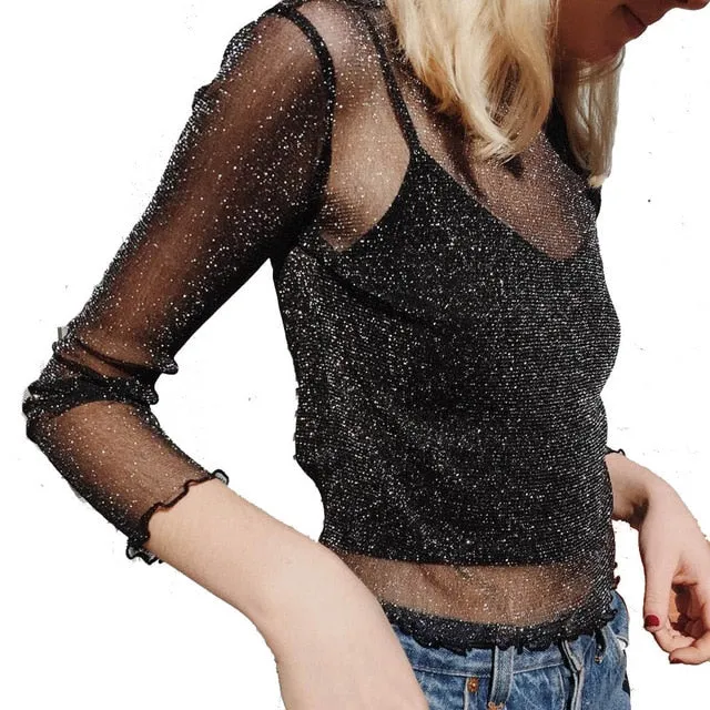 VenusFox Women Mesh Shiny Long Sleeve Transparent Club Party Black Shirts