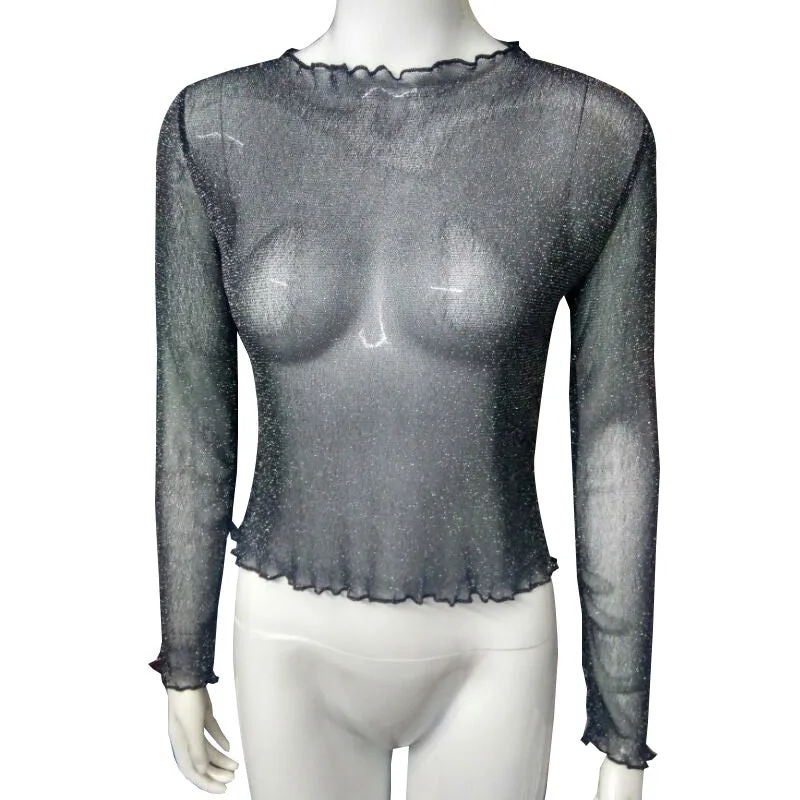 VenusFox Women Mesh Shiny Long Sleeve Transparent Club Party Black Shirts