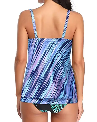 Women's Tankini Tops Blouson Loose Fit Modest Tank Top-Blue